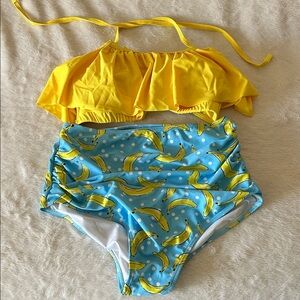 Yellow Ruffle Bikini Top and Banana Print Bottoms